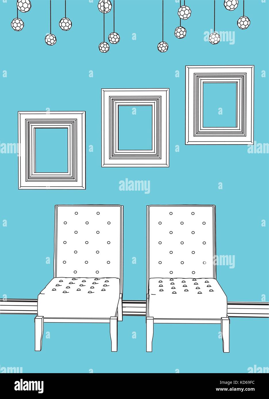 Two chairs with empty frames in blue minimalist interior Stock Vector