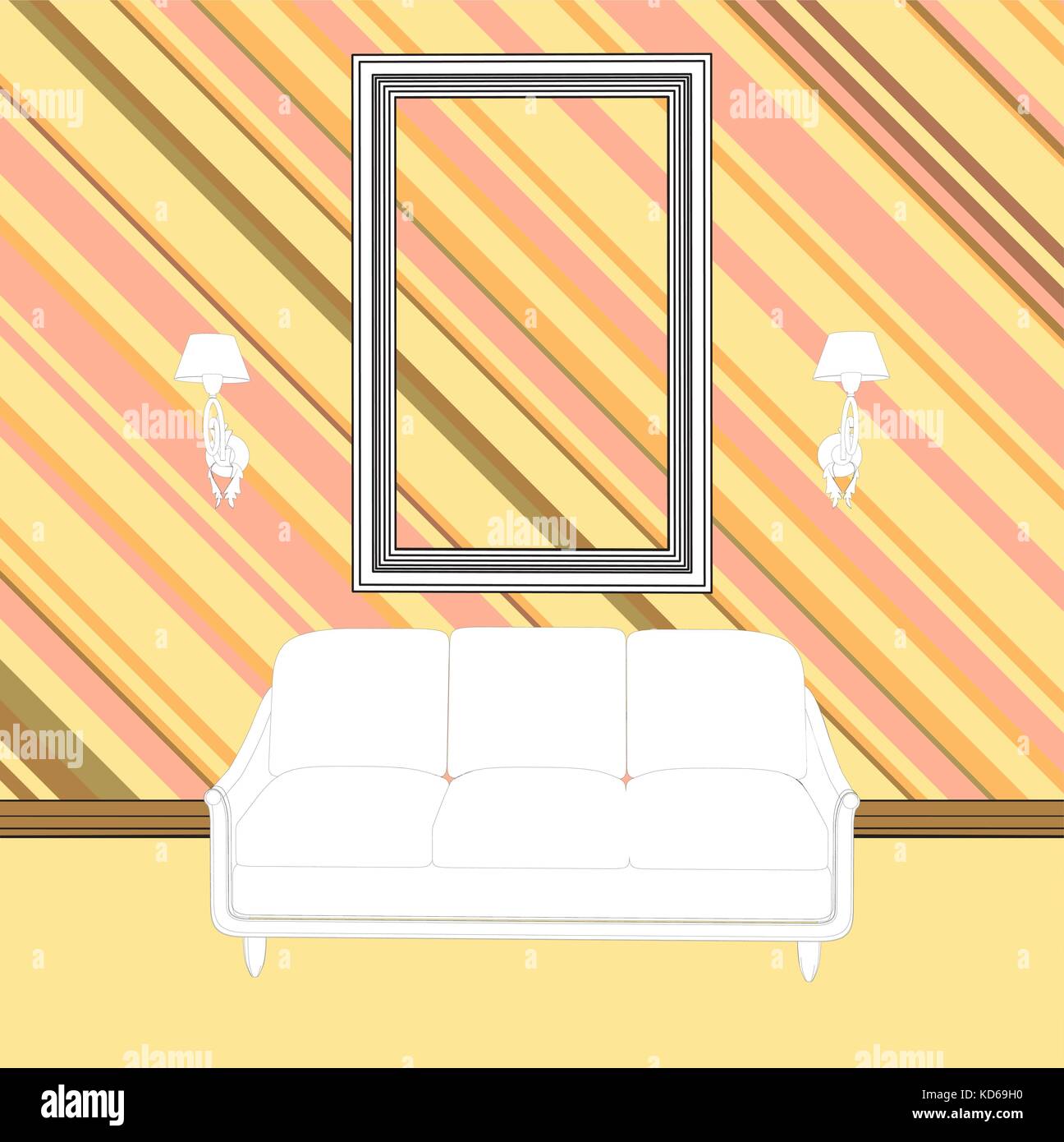 Couch with sconces and empty frame  Stock Vector