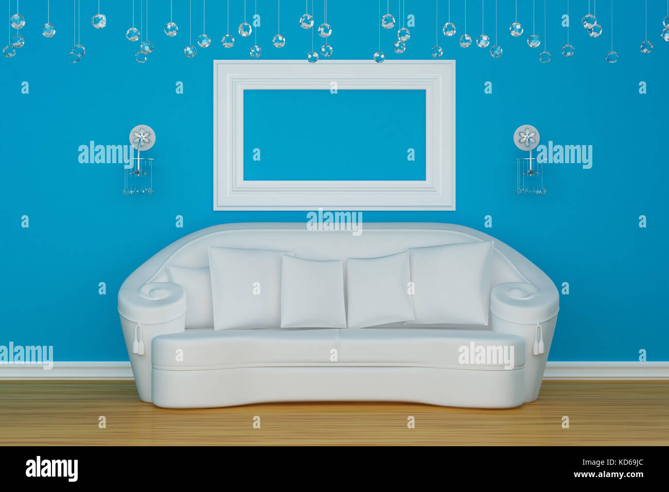 Sofa with sconces and empty frame Stock Photo