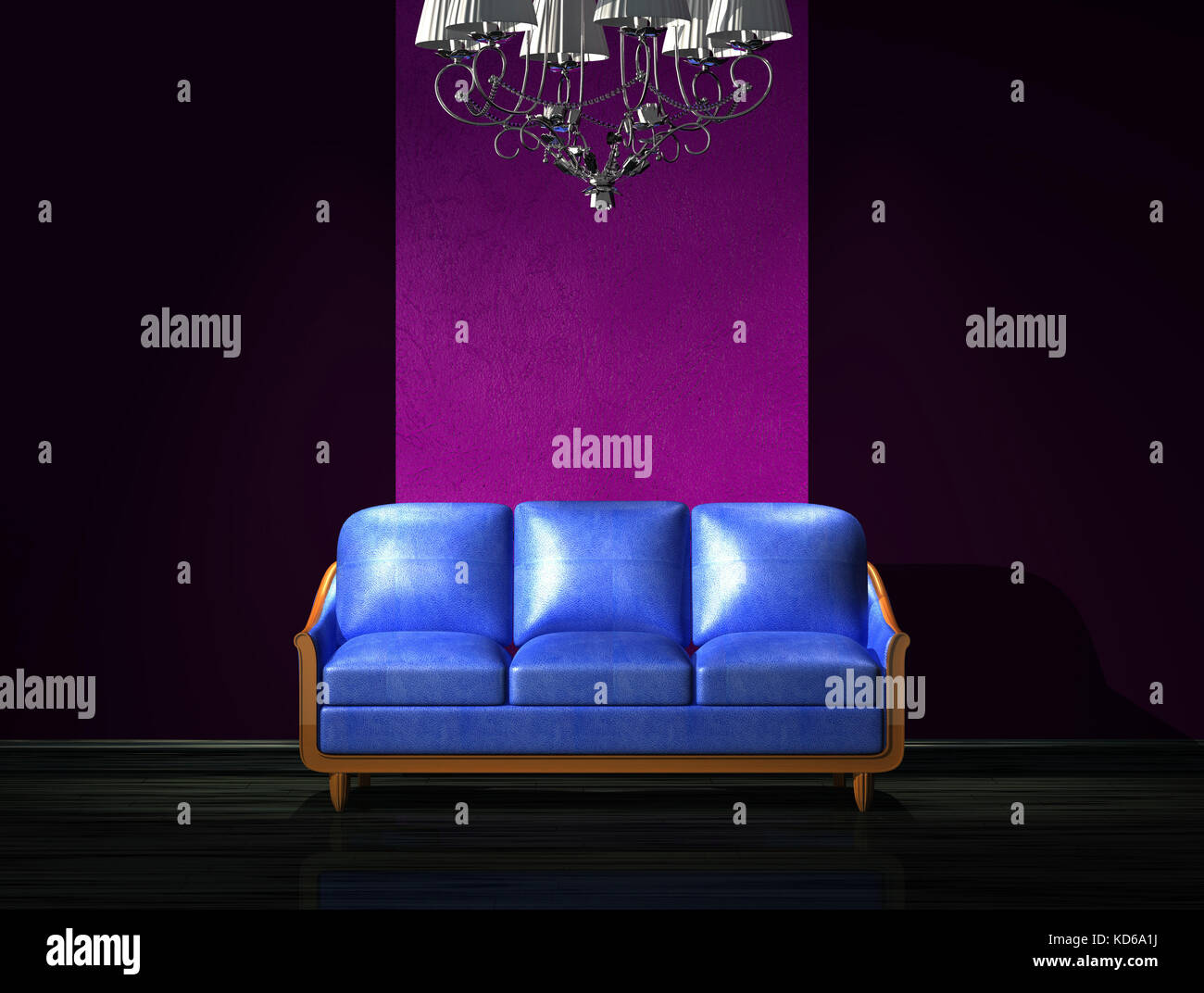 Blue leather sofa with luxury chandelier in minimalist interior Stock Photo