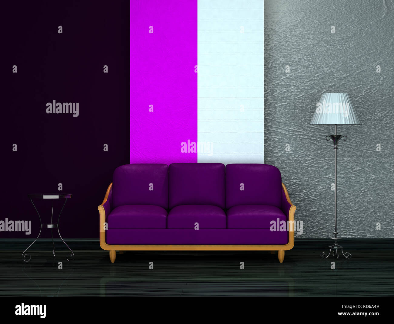 Purple Couch With Table And Stand Lamp In Dark Minimalist Interior