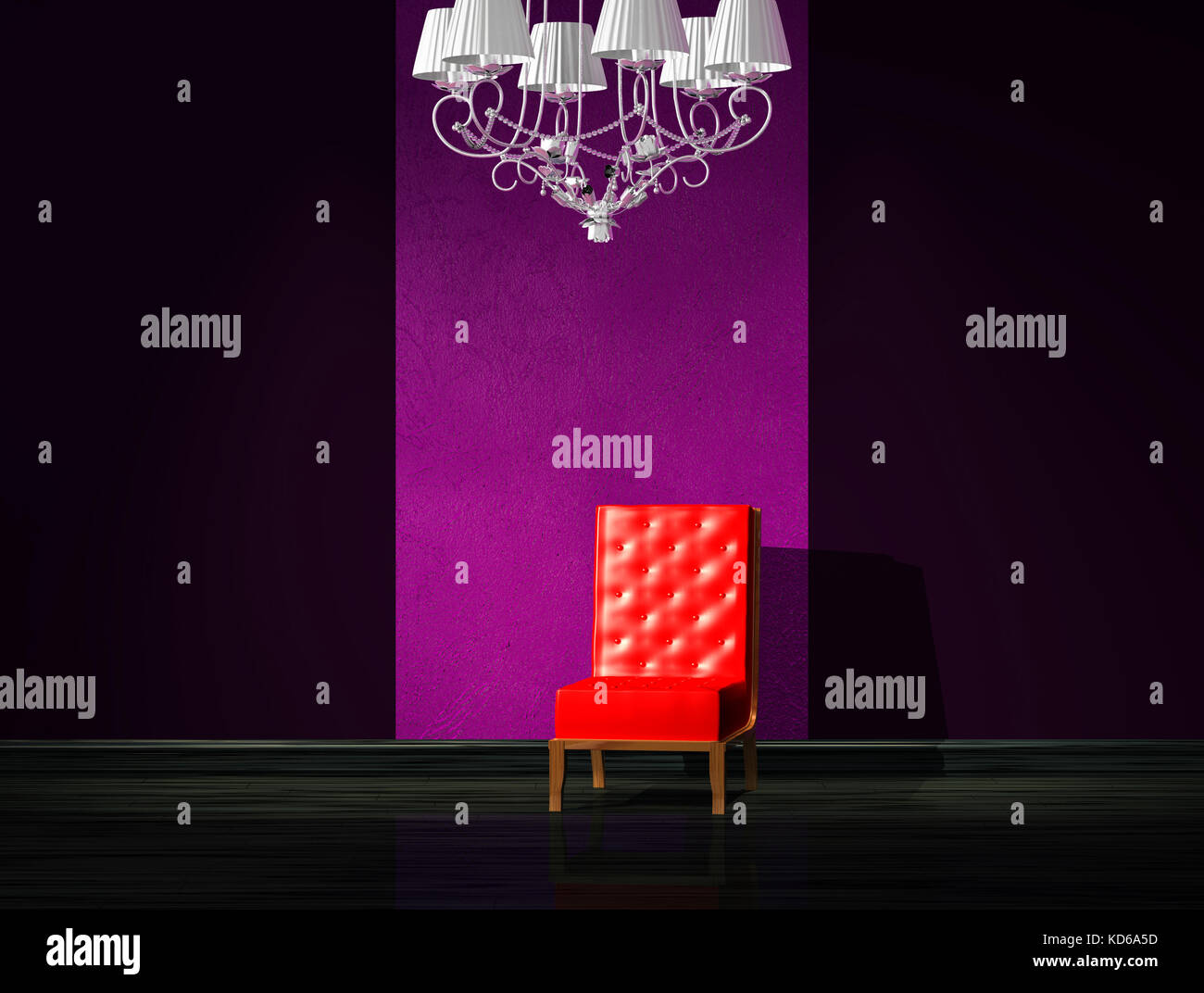 Red chair with luxury chandelier in minimalist interior Stock Photo Alamy