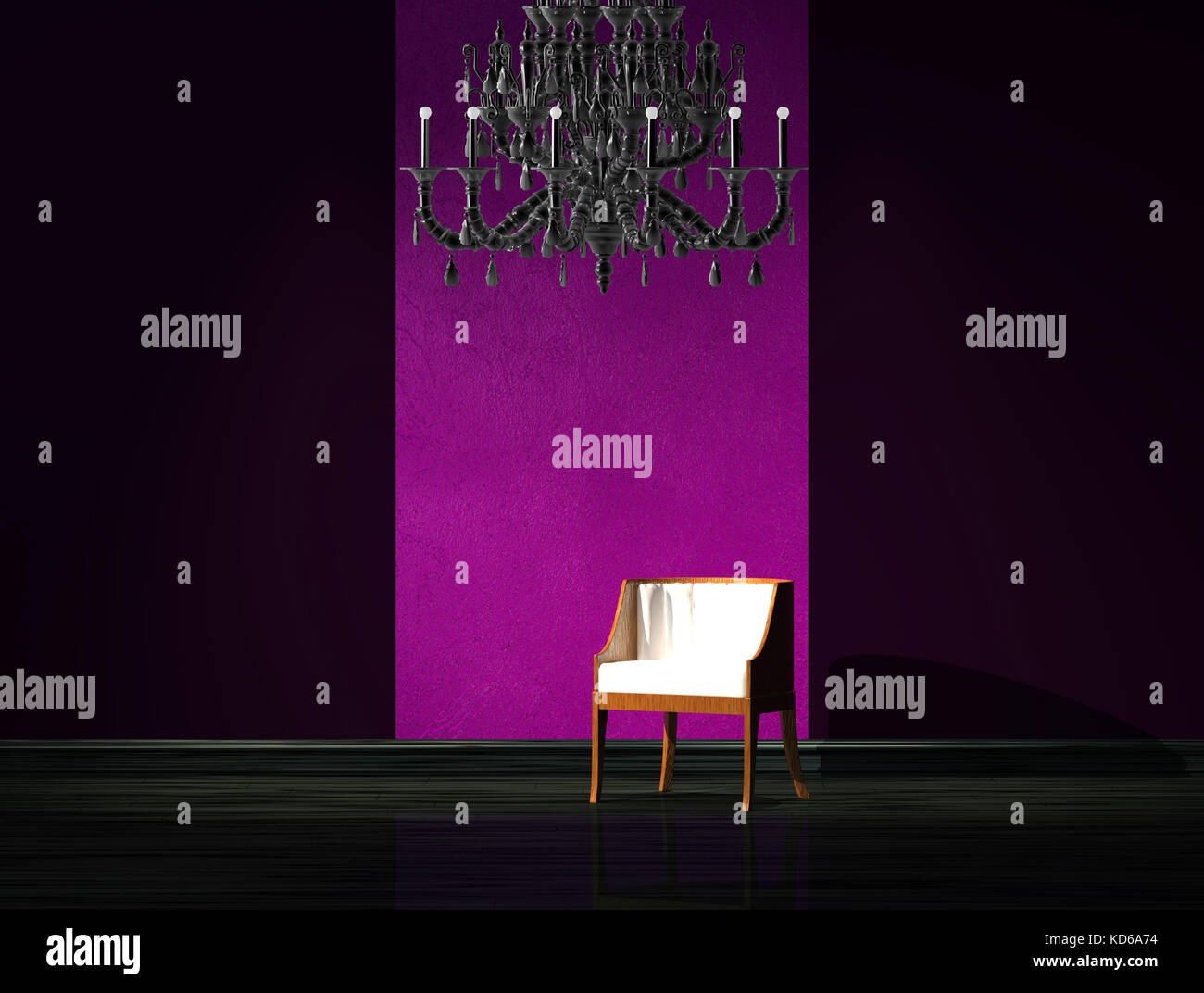 Red chair with luxury chandelier in dark interior Stock Photo Alamy