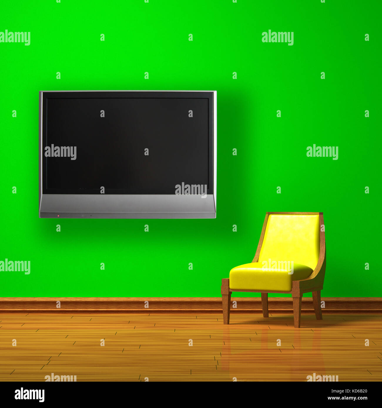 Yellow Chair With Lcd Tv On The Wall In Green Minimalist Interior
