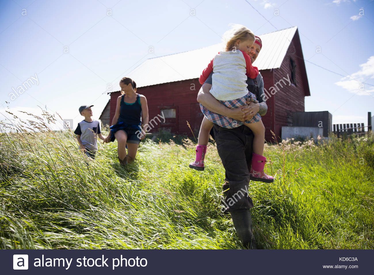 Family walking in tall grass on sunny farm Stock Photo