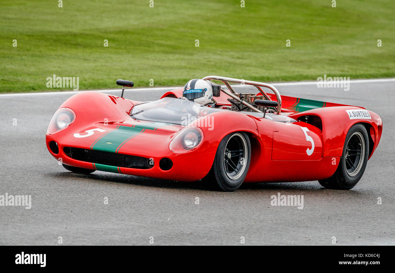 1965 Lola-Chevrolet T70 Spyder with driver Tony Sinclair during the Whitsun Trophy race at the 2017 Goodwood Revival, Sussex, UK. Stock Photo