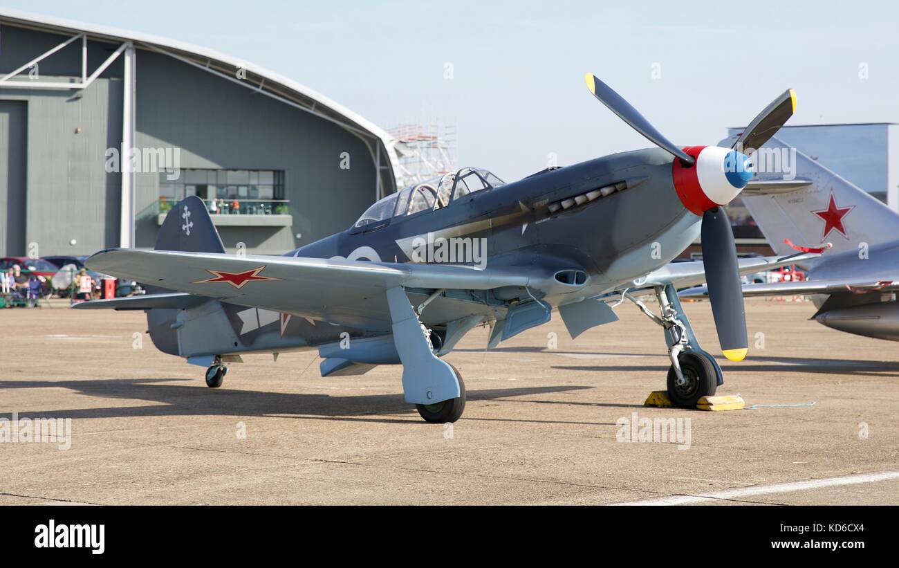 Will Grennwood's Yakovlev Yak-3 on the flight line at IWM Duxford 2017 Battle of Britain Air Show Stock Photo