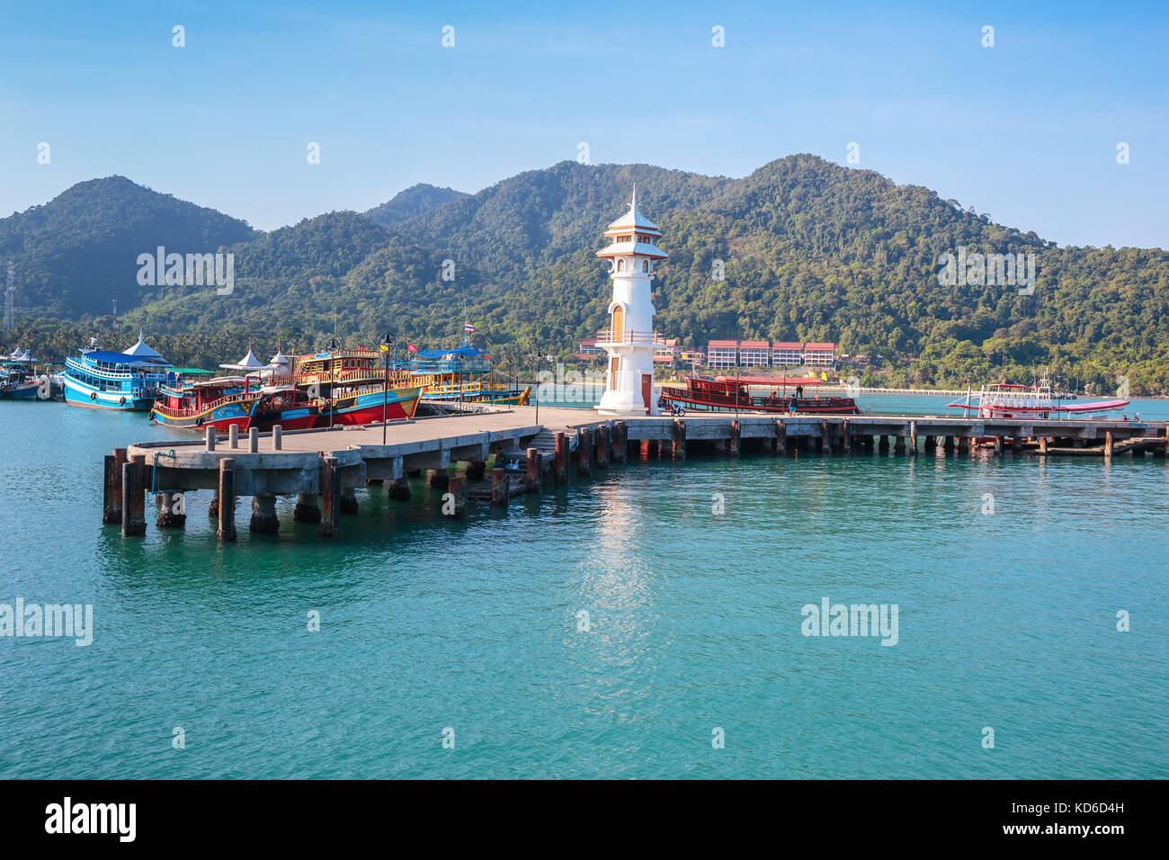 KOH CHANG, THAILAND - MART 30, 2015: Lighthouse on a Bang Bao pier on Koh Chang Island in Thailand Stock Photo