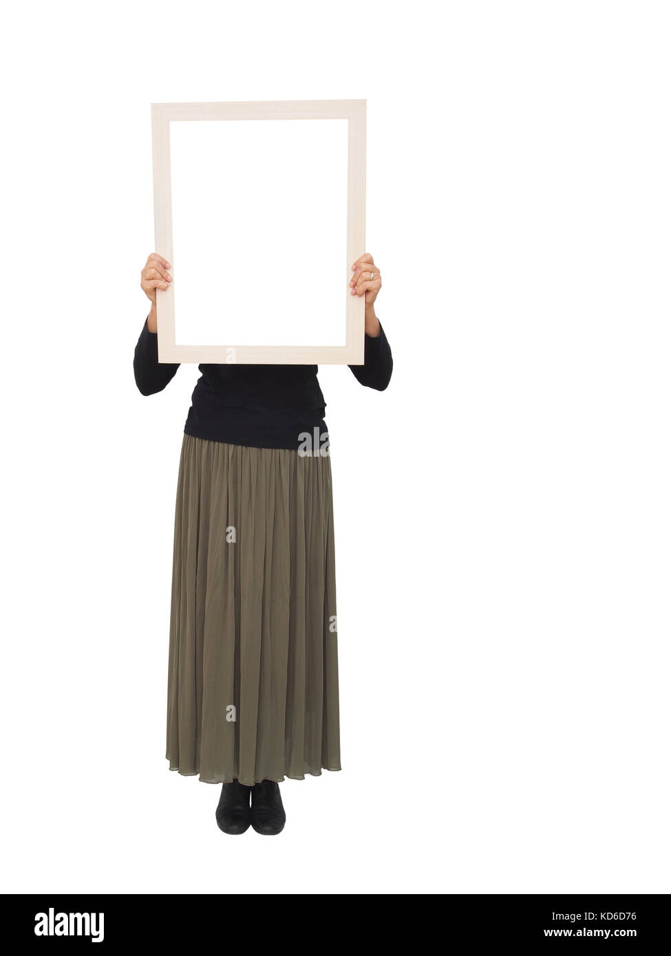 Woman holding blank placard for your message. Ideal female protest etc. Stock Photo