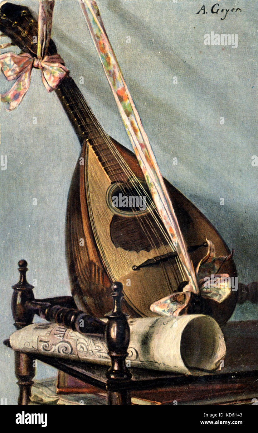 Lute with score. Painting by A. Geyer. Stock Photo