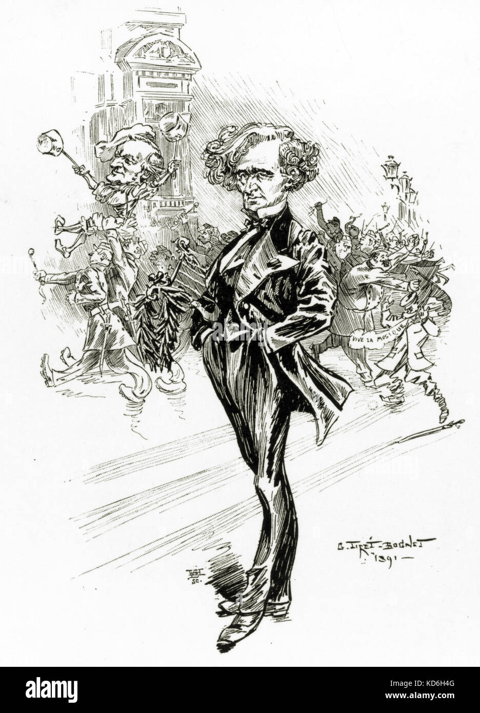 Hector BERLIOZ-caricature by Grand-Carteret showing Wagner in the background. The caption reads: 'Si c'est ainsi qu'on entre à l'Opéra, cela me console d'être resté sur les marches!...' ('If this is how one makes one's way into the Opera, it consoles me to remain on the steps!... '). French composer (1803-1869). Stock Photo