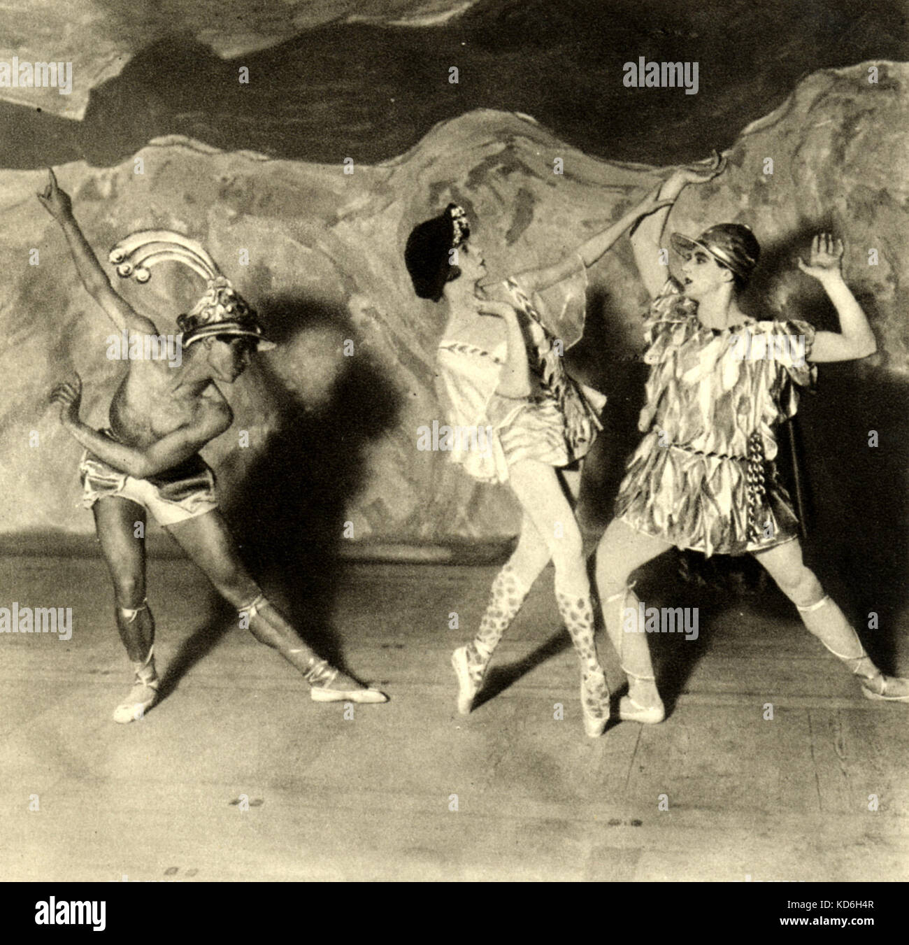 Vladimir Dukelsky's ballet 'Zephyr and Flora'. Scene with Serge Lifar, Alice Nikitina, Anton Dolin. Premiered by Ballets Russes 28 April 1925, Monte Carlo. Choreography by Massine, scenery & costumes by G. Bracque.  Masks & symbols by O. Messel. Russian-American composer 1903-1969. Stock Photo
