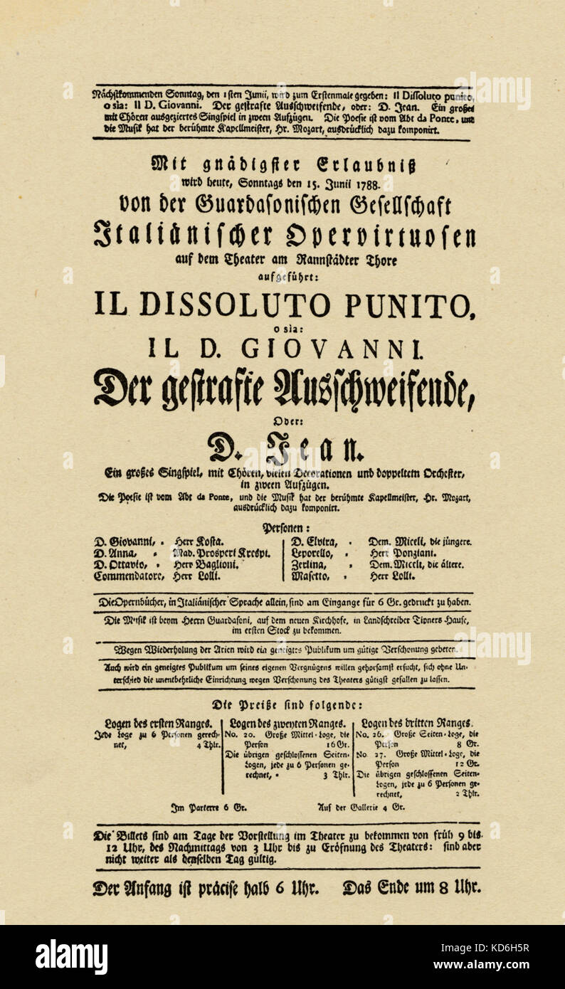 Wolfgang Amadeus Mozart's 'Don Giovanni'. Announcement of first performance in Leipzig, 15th June 1788.  (premiere was in Prague on 29th October 1787).   Austrian composer, 1756-1791. Stock Photo