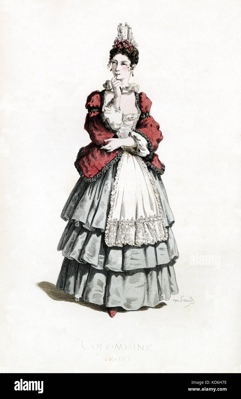 Colombine costume dated 1683 drawn by Maurice Sand, published in 1860. Commedia dell' Arte character.  She wears a layered skirt, apron, earrings.  Columbine is the female servant / lady's maid Harlequin loves.  Precursor of Arlequine and Pierrette.  Character in Ruggero Leoncavallo 's opera Pagliacci Stock Photo