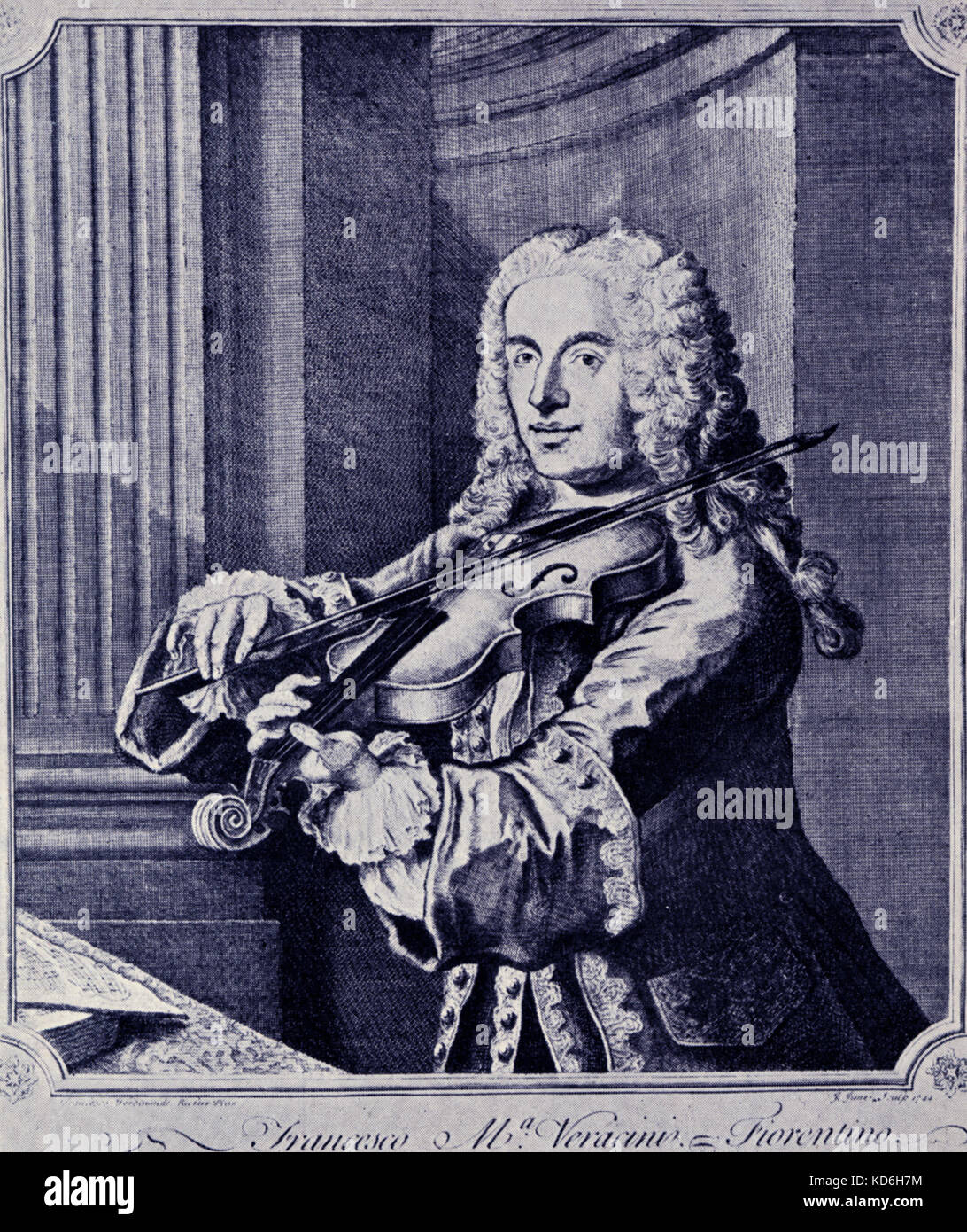 Francesco Maria Veracini playing the violin. Portrait by Richter. Italian violinist and composer, 1690-1768. Pupil of Corelli, contemporary of Tartini and Geminiani. Stock Photo