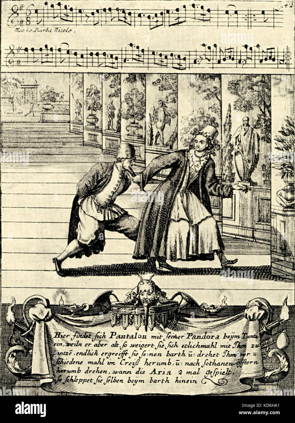 Commedia dell' Arte scene with  'Pantalone and Pandora'. Engraving with caption at the bottom giving details of the action on stage, and part of score on top.  From a book by Gregorio  Lambranzi.       New and Curious School of Theatrical Dancing/ Nuova e curiosa scuola de' balli theatrali - Neue und curieuse theatralische Tantz-Schul Stock Photo