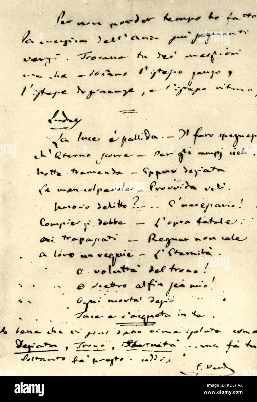 Verdi's letter to Piave about  the Macbeth production intended for Florence.           Italian composer (1813-1901). Stock Photo