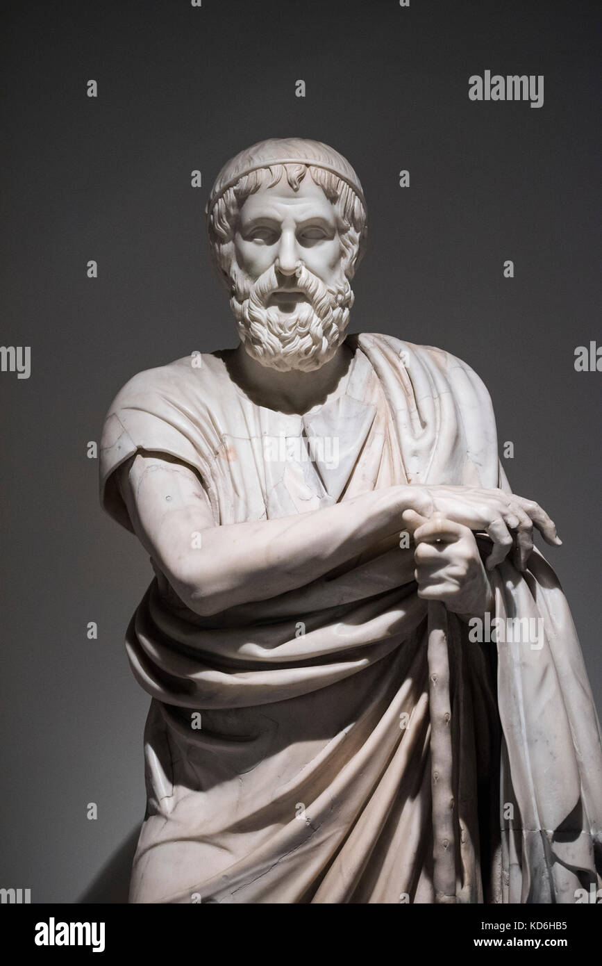 Naples. Italy. Statue of Isocrates with head of the Farnese Homeric / Sophocles type, (1st century B.C.) from the Villa dei Papiri, Herculaneum. Stock Photo