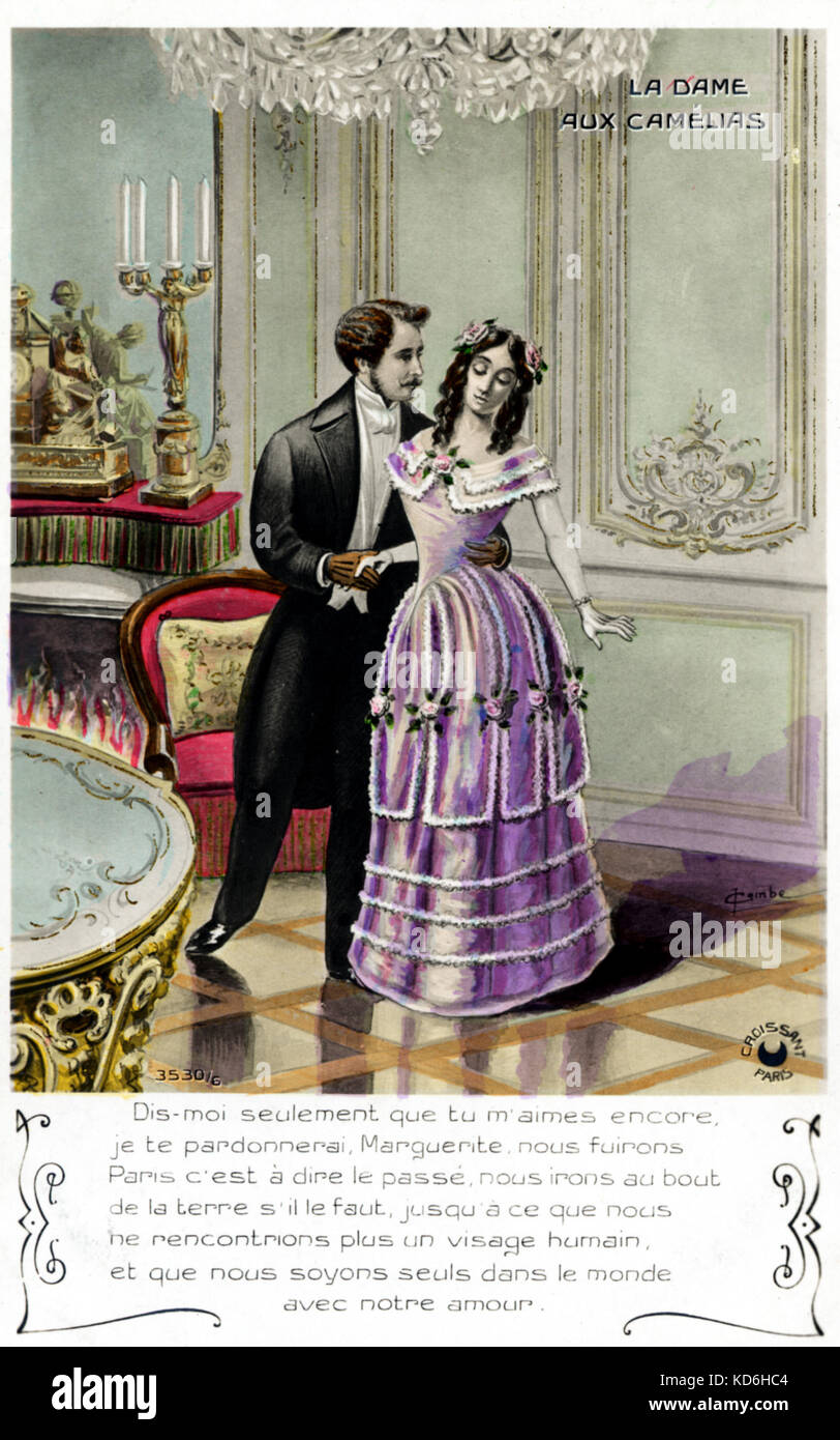 Alexandre Dumas fils's 'La Dame aux Camélias'. Scene where Armand asks  Marguerite to admit she still loves him. French Playwright, 1824-1895.  Story was used in Verdi's opera 'La Traviata'. (Marie Duplessis was