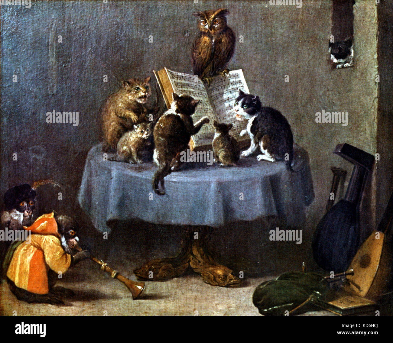 'Cat concert'  after  David Teniers the younger (1610 - 1 690). Cats singing from score on table. Owl. Monkey playing shawm. Lute and bagpipes.  Bagpipe player.  Bagpiper.  Bagpipes. Stock Photo