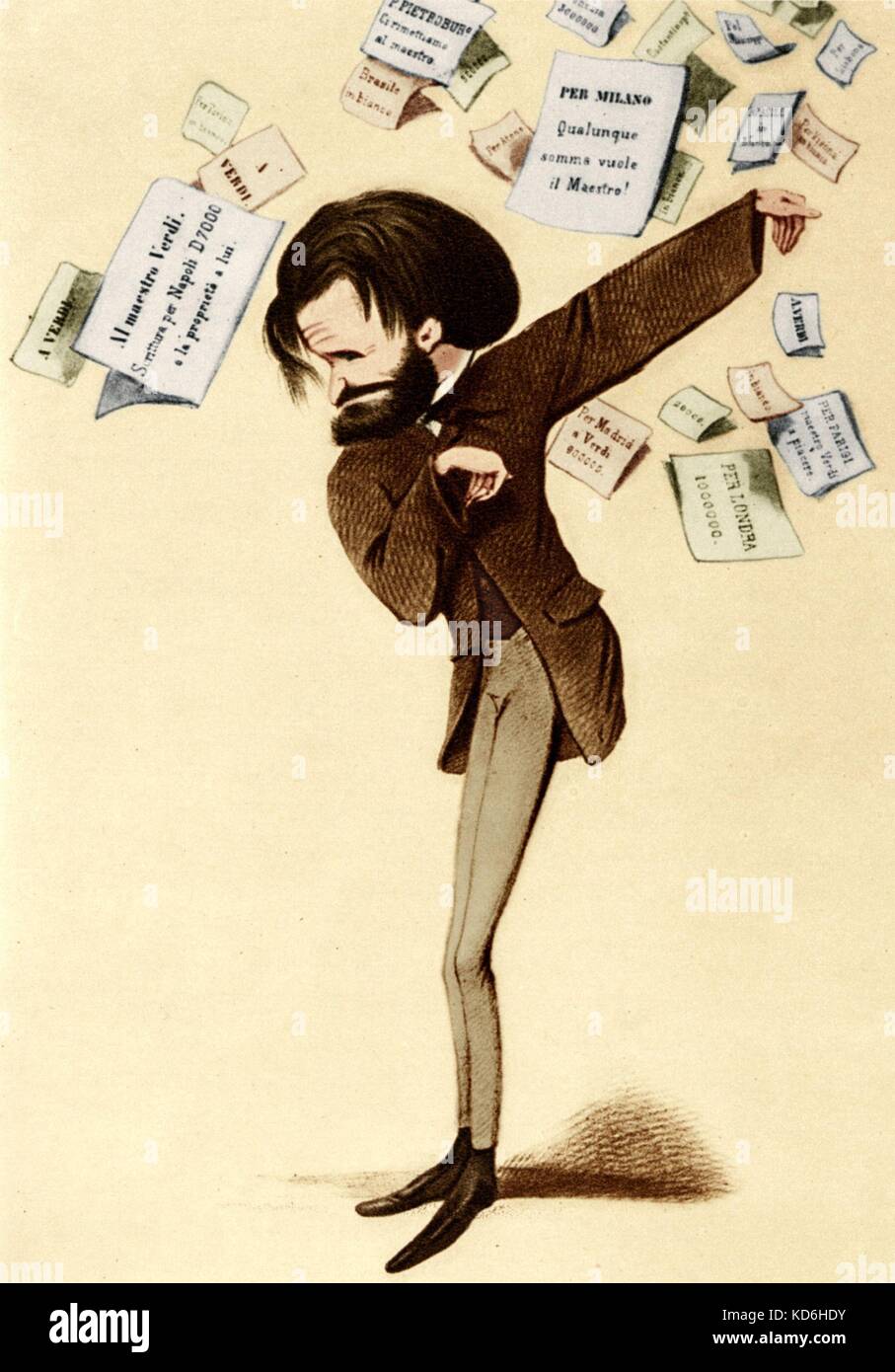Caricature of VERDI 'Proposte di nuove scritture' Also captioned 'Verdi schiacciato dagli impegni' (Verdi crushed by commissions) Shows papers from Milan, London, Madrid with sums of money. Caricature by Delfico. Italian composer (1813-1901). Stock Photo