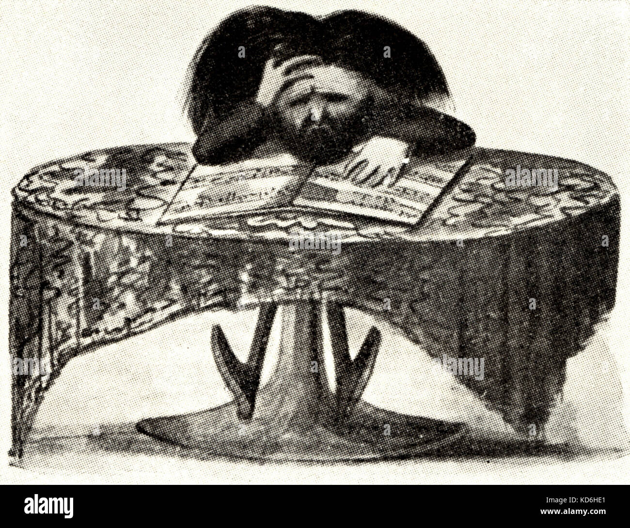 Verdi caricatured at a table, drooping on score with his hand holding his forehead. Caricature by Delfico.  Caption reads: 'Lo spartito di un seccatore'.  Literally: 'The score of a bore'.  Verdi is painfully reading some  composition given to him for judgement.     Italian composer (1813-1901). Stock Photo