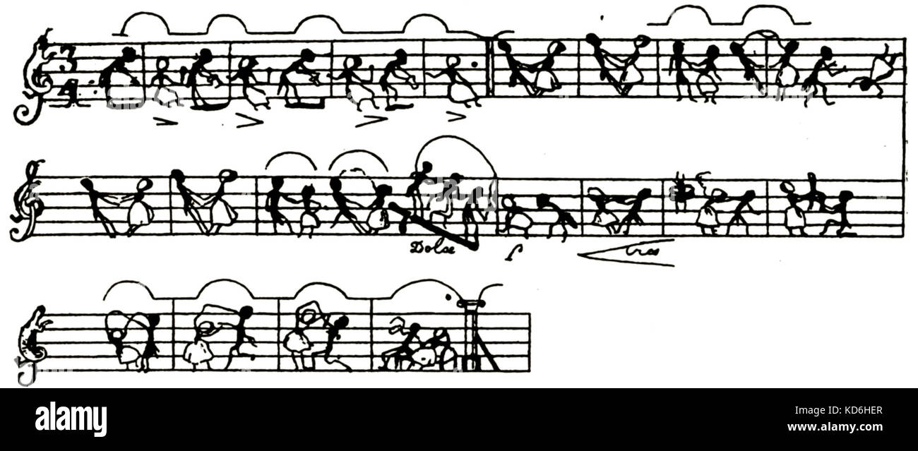 'Valse': Waltz score humorously illustrated with small human figures on the staves representing the notes, performing the dance that accompanies the piece of music.  The treble clef is  represented by a small animal (a lizard?).   Drawing by Grandville (1803-1847). Stock Photo