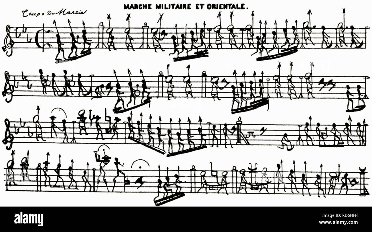 'Marche militaire et orientale' score, humorously illustrated with small human figures representing the notes, performing the march that accompanies the music.  The treble clefs are shown with a key across ('clef' is literally 'key' in French).  Other musical symbols are creatively represented.  Drawing by Grandville (1803-1847). Stock Photo