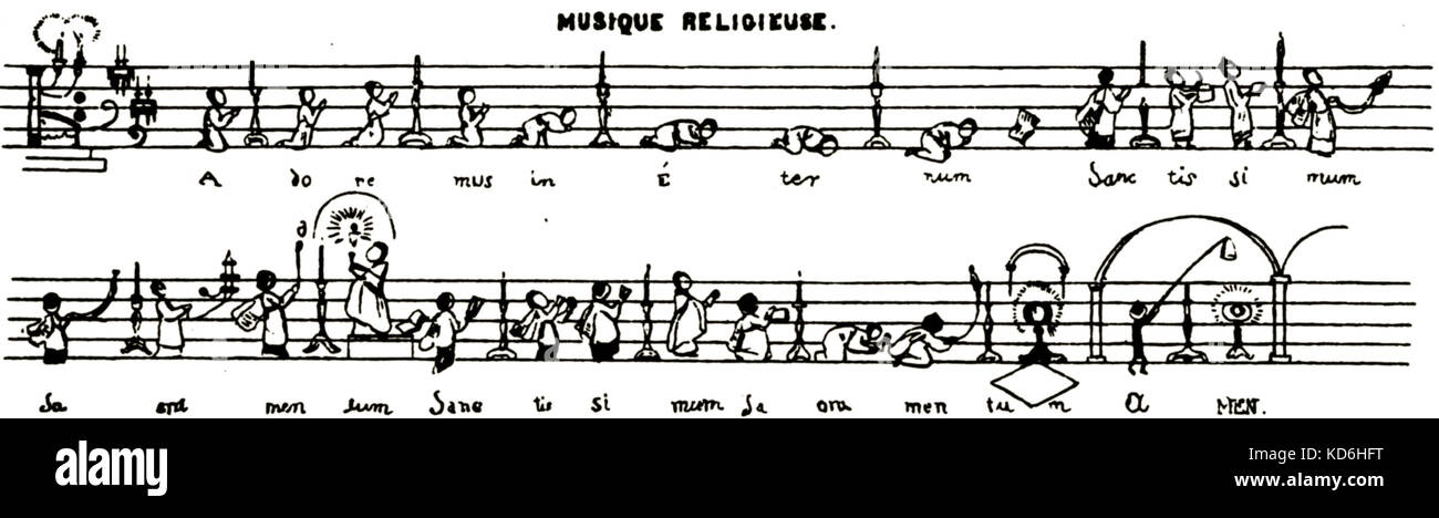 'Musique religieuse': song score humorously illustrated with men in prayer representing the notes.  Other musical symbols are represented by religious imagery. The liturgical lyrics are spelled out under each 'note'. Drawing by Grandville (1803-1847). Stock Photo