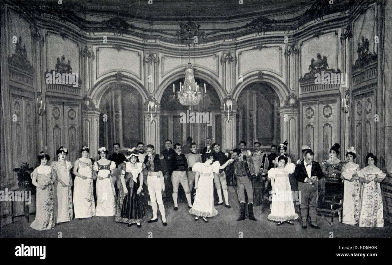 André Messager's operetta 'Les p'tites Michu'. Scene from act 2 (final), tableau, with J. Evans, Coquet, M. Sully, G. Rigaud, Lebey, Ambreville.  Photo by Larcher, from 2nd production in 1900 at  the Folies-Dramatiques in Paris, after its creation at the Bouffes-Parisiens in 1897.  Book by Albert Vanloo and Georges Duval.     French composer, 1853-1929. Stock Photo