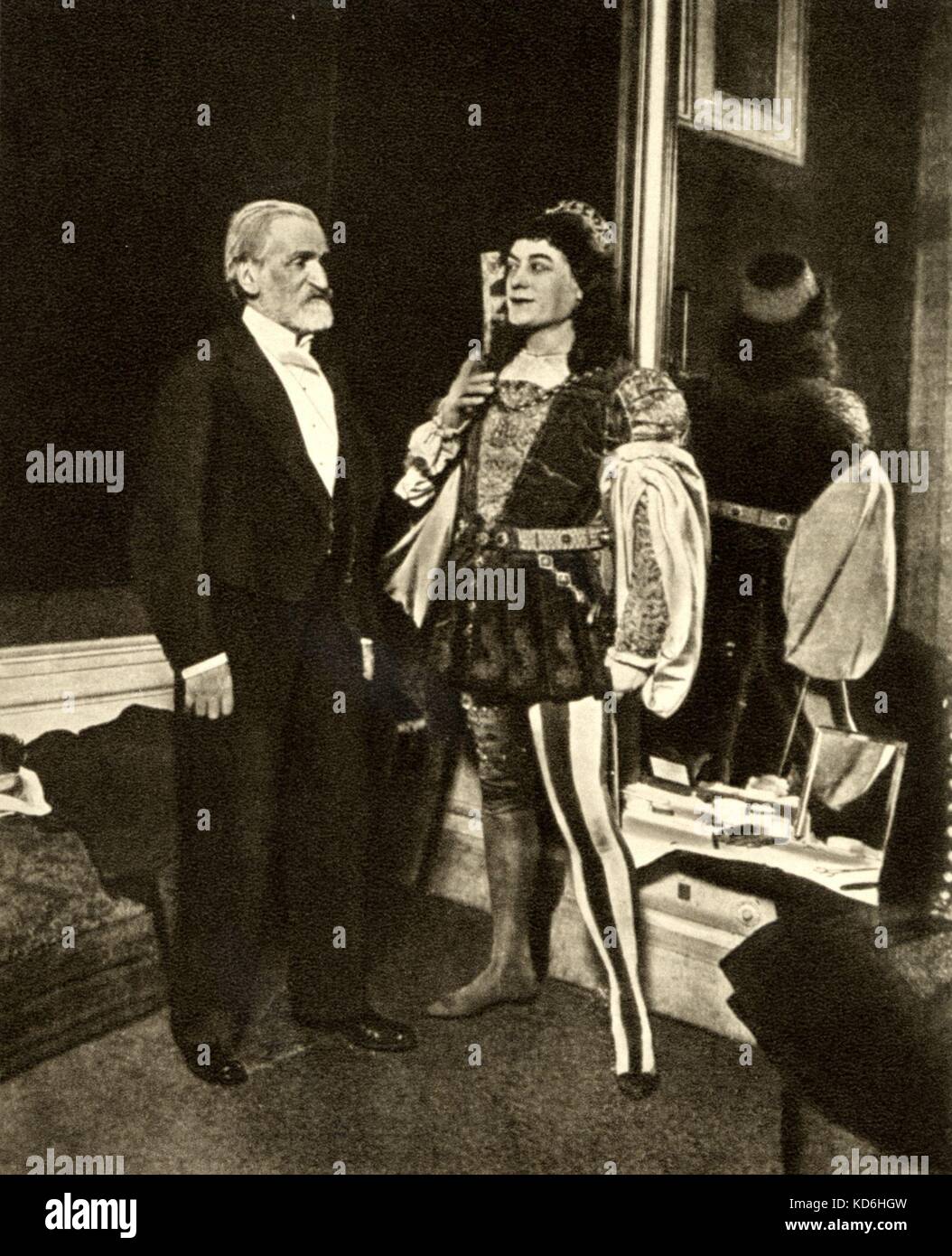 Verdi and  V. Maurel in costume on the evening of the French premiere of Verdi's 'Otello', Paris, 1894, photographed in Maurel's dressing room. Maurel created the role of Iago in the world premiere at 'La Scala' Milan. Stock Photo