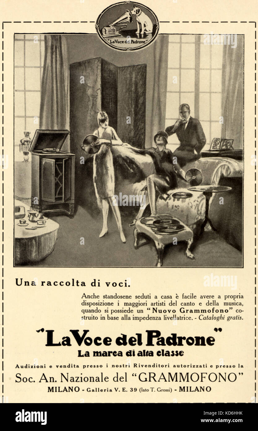 1920's Italian advertisement for the gramophone praising the qualities of the 'new gramophone' ('nuovo grammofono') and the manufacturer 'His Master's Voice' ('La Voce del Padrone'). Logo on top in Italian. Stock Photo