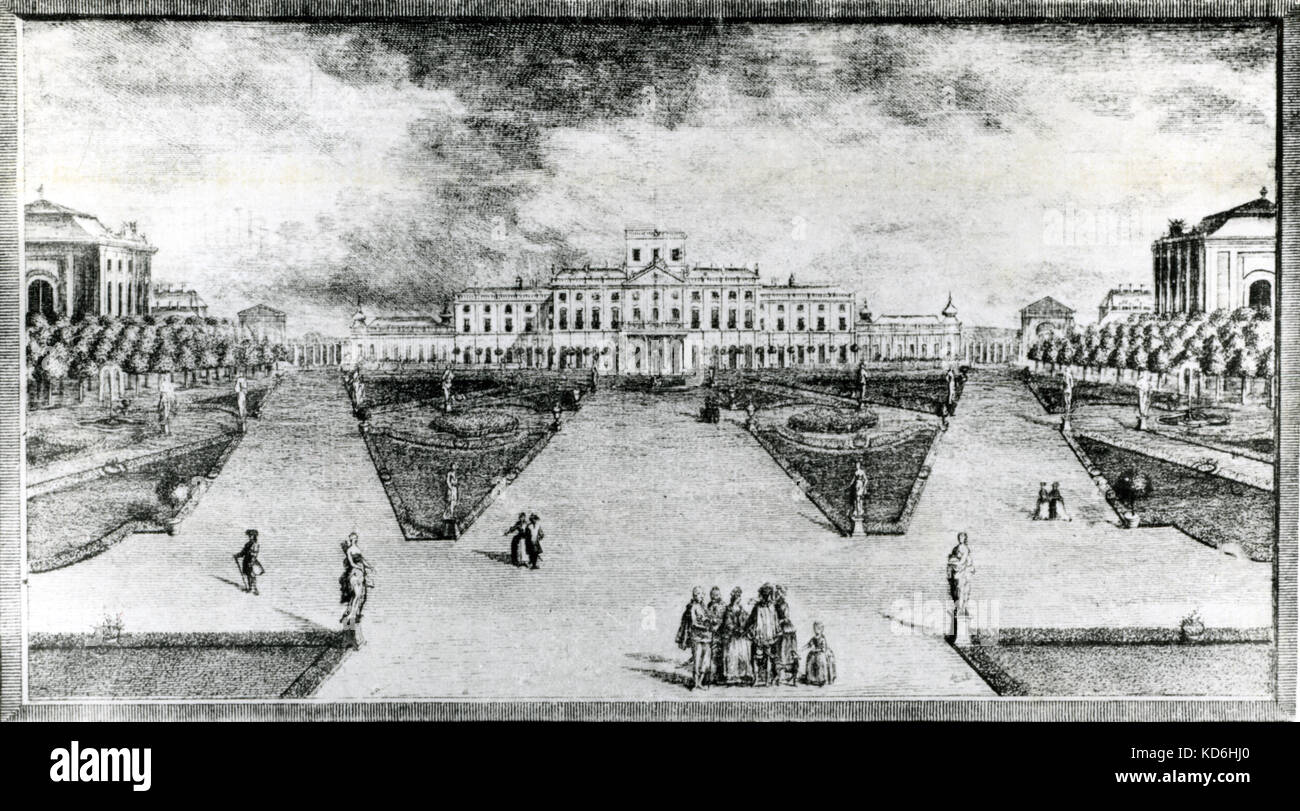 Esterhaza Palace, view with gardens in Haydn's time.  Built in 1766 in imitation of Versailles. by the Princes Esterhazy.  From 1766 Haydn was in charge of the opera house and marionette theatre, as well as the castle's opera.   Austrian composer 1732-1809 Stock Photo