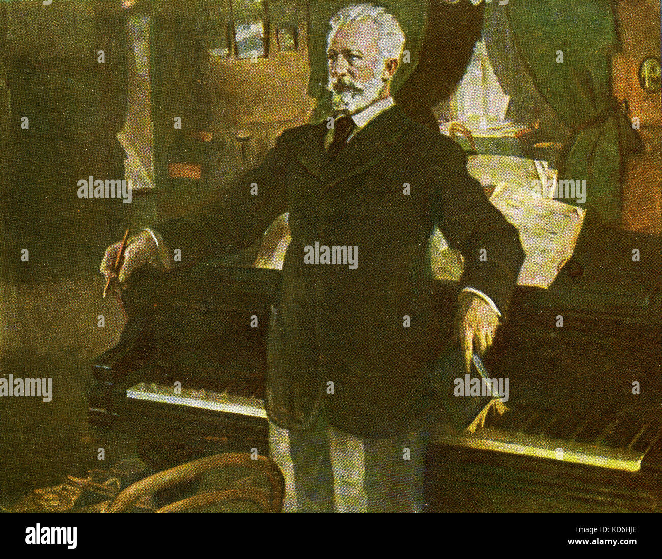 Tchaikovsky standing composing at the piano by V S Svarog (artist dates not known).  Russian composer,  7 May 1840 - 6 November 1893. Stock Photo