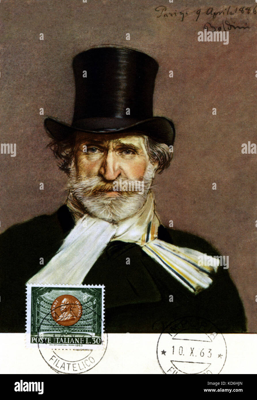 Giuseppe Verdi portrait by Boldini (1845-1931) dated Paris, 9th April 1886 as First Day Cover stamp issued on 10th October 1963.   Italian composer 1813-1901. Stock Photo