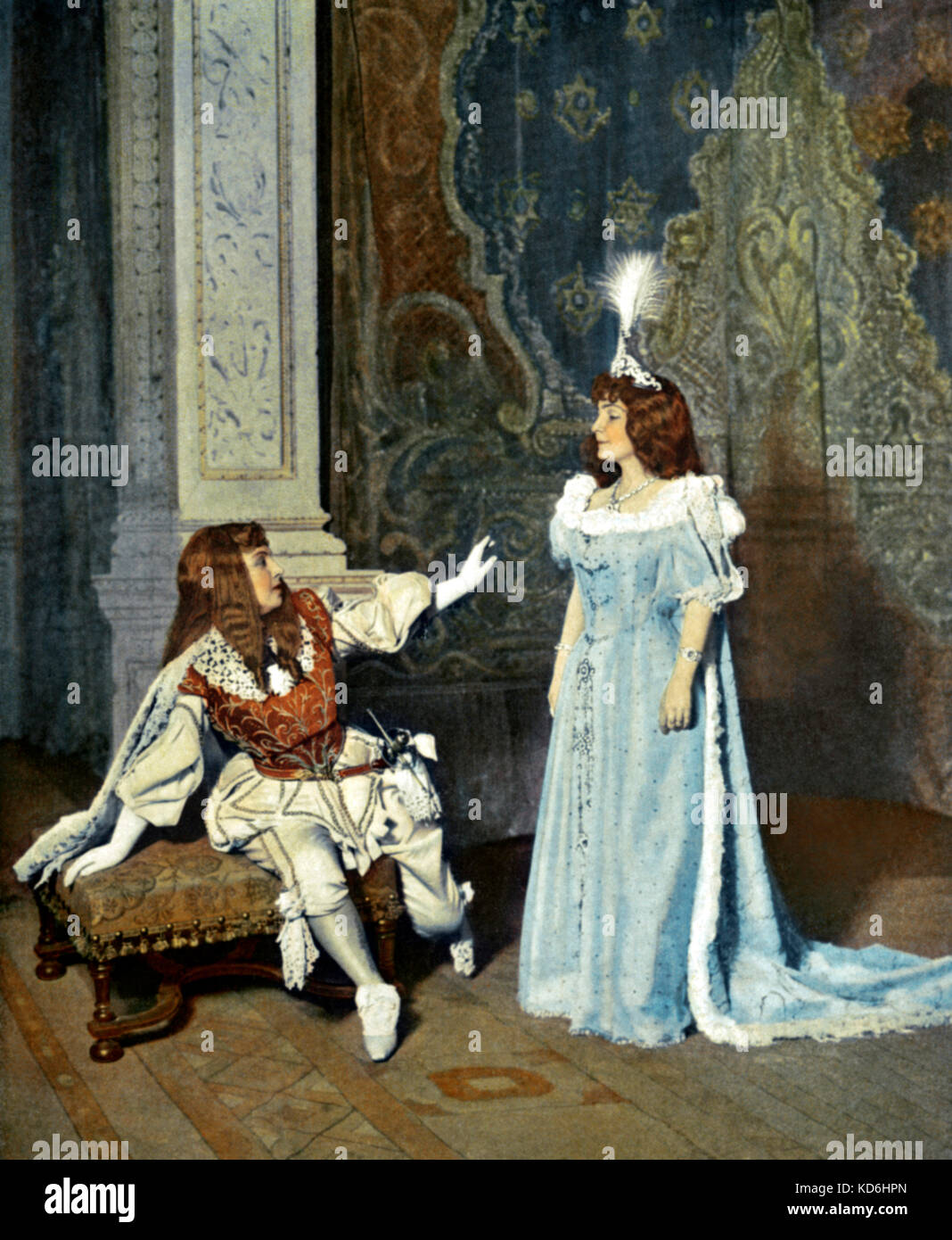 'Cendrillon' (Cinderella) premiere by Massenet in 1899 at the Théatre National de L'Opera-Comique, Paris. With Mlle Guiraudon as Cinderella and Mlle Emelon as her Prince Charming. Stock Photo