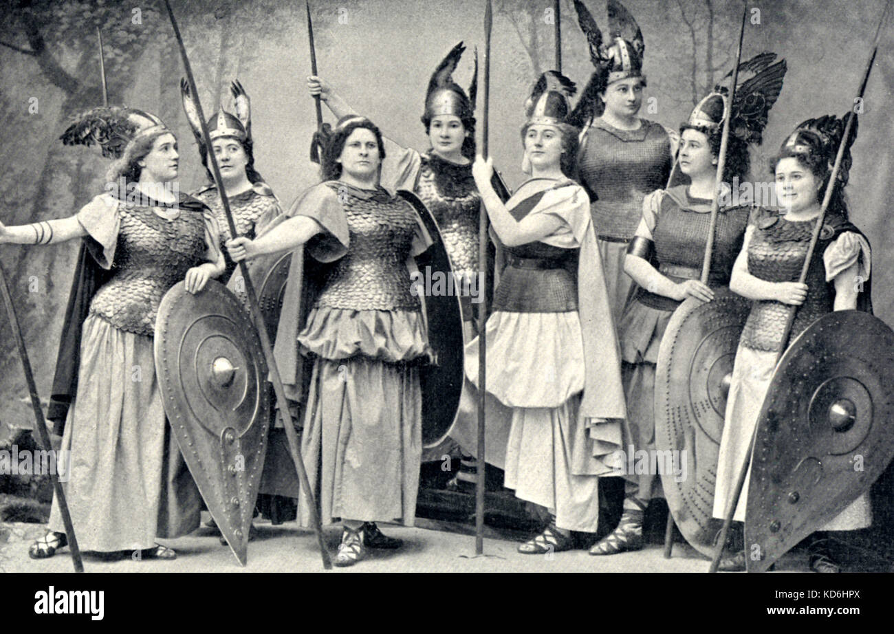 The Valkyries ('Walküre' ), Act 3,  Bayreuth, production, from left to right: A. Osborne, J. Dietz, L. Reuss-Belce, E. Schumann-Heinck, E. Breuer, M. Brandis, M. Weed, J. Artner. 1899. Wagner, German composer and author, 1813-1883. German composer & author, 22 May 1813 - 13 February 1883. Stock Photo