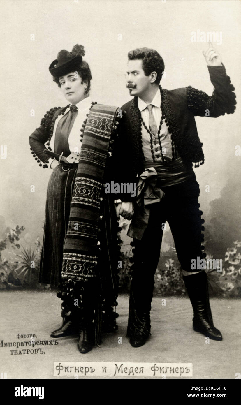 Bizet's opera 'Carmen' with Medea Figner as Carmen and  Nikolay Figner (her husband) as Don José. MF:Italian, later Russian mezzo-soprano later soprano 1859-1952. NF: Russian tenor 1857-1918. Stock Photo