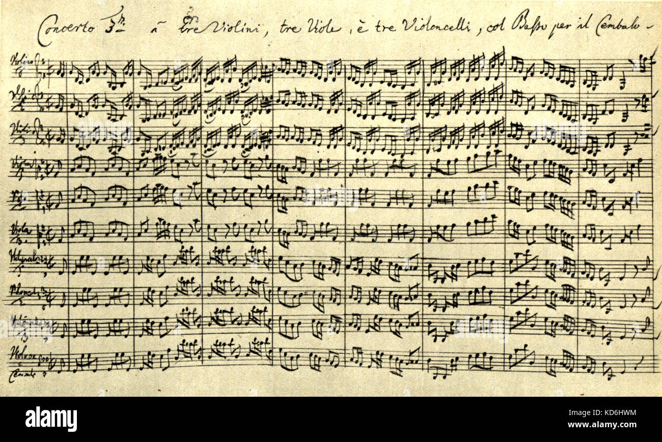 Autograph score of J S Bach's Brandenburg Concerto III. Storia Della Musica, second volume, A. Della Corte. Stock Photo