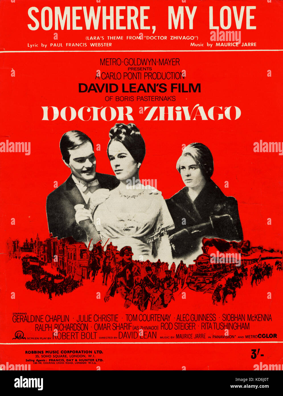 Doctor Zhivago, piano score for 'Somewhere My Love' (Lara's theme).  Directed by David Lean, music by Maurice Jarre, lyrics by Paul Francis Webster, 1965. Robbins Music Corporation Ltd.  35 Soho Square, London. Stock Photo