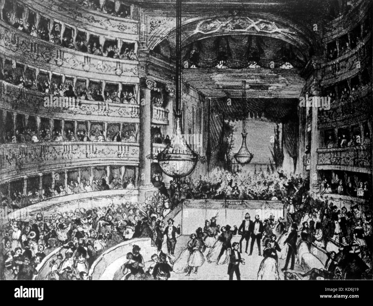 Milan - Carcano Theatre Interior - Ball taking place, 1803. Verdi's La battaglia di Legnano premiered here in 1859, Donizetti's Anna Bolena premiered here in 1830 Stock Photo