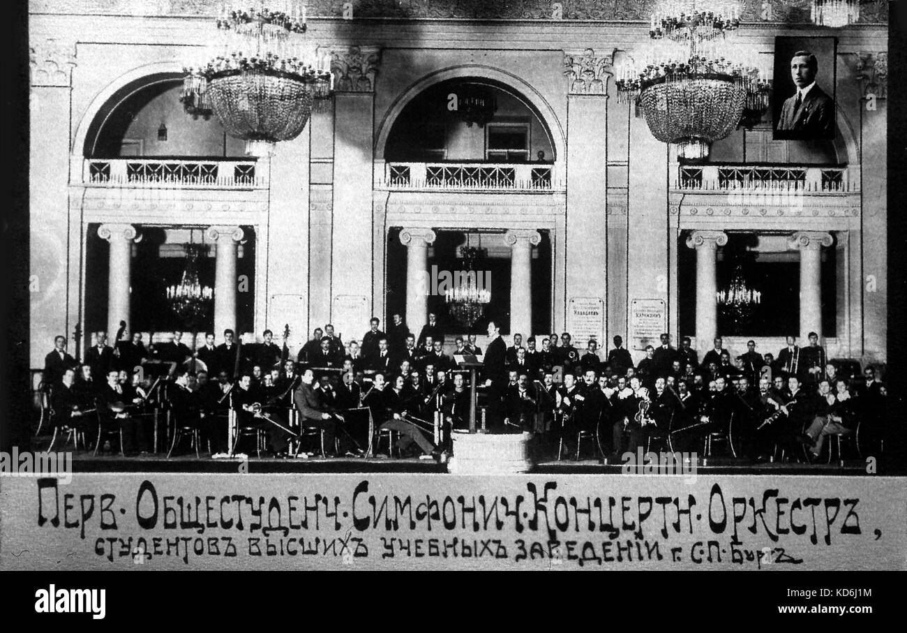 Orchestra - Pre-revolutionary Russia - Late 1800's. St Petersburg Student Orchestra. Caption reads: Premier Students' Symphonic Concert Orchestra. Students of Higher Education, Institution of St Petersburg. Stock Photo