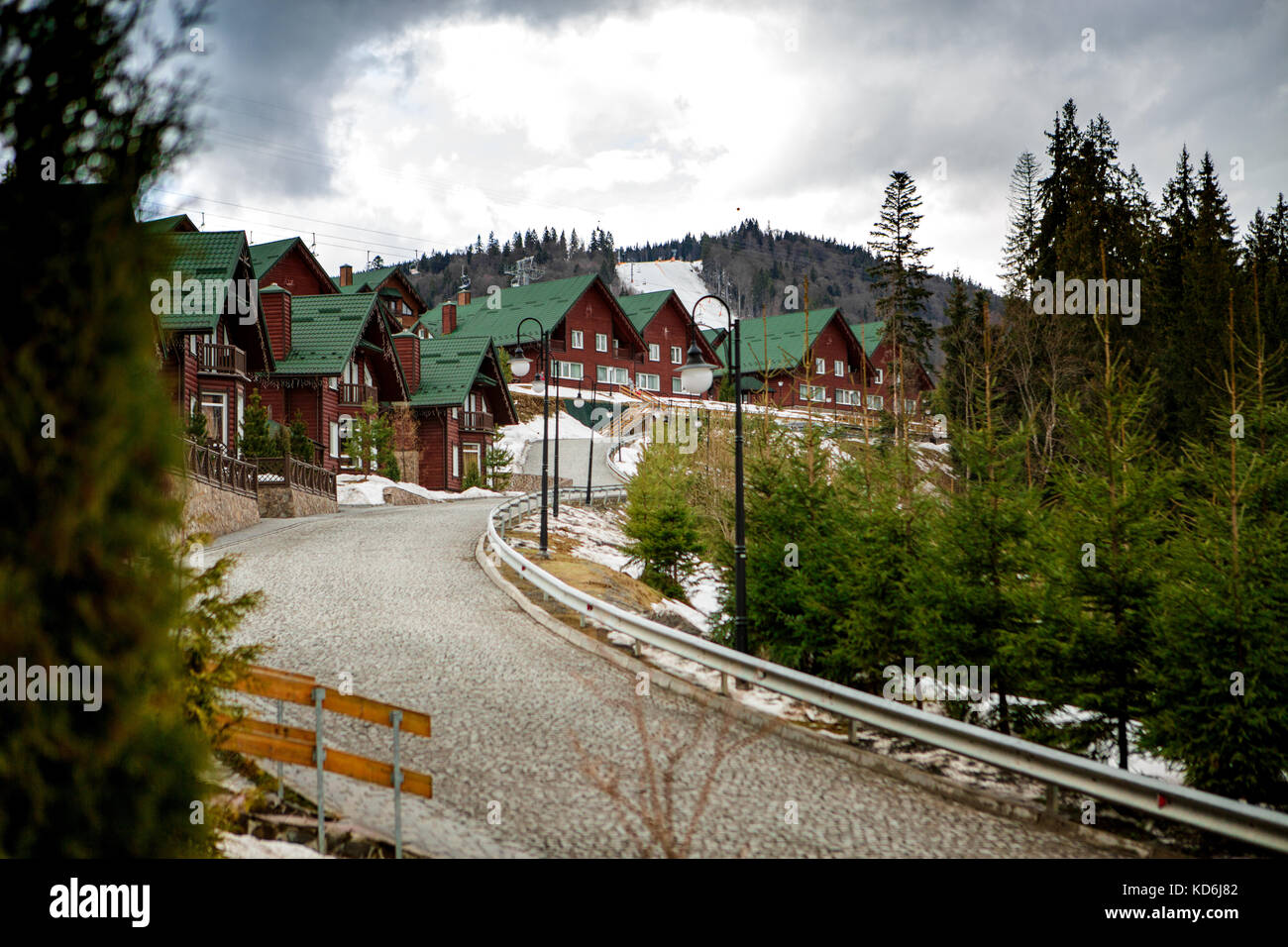 BUKOVEL, UKRAINE, March 06, 2017 wooden houses in the Ukrainian resort