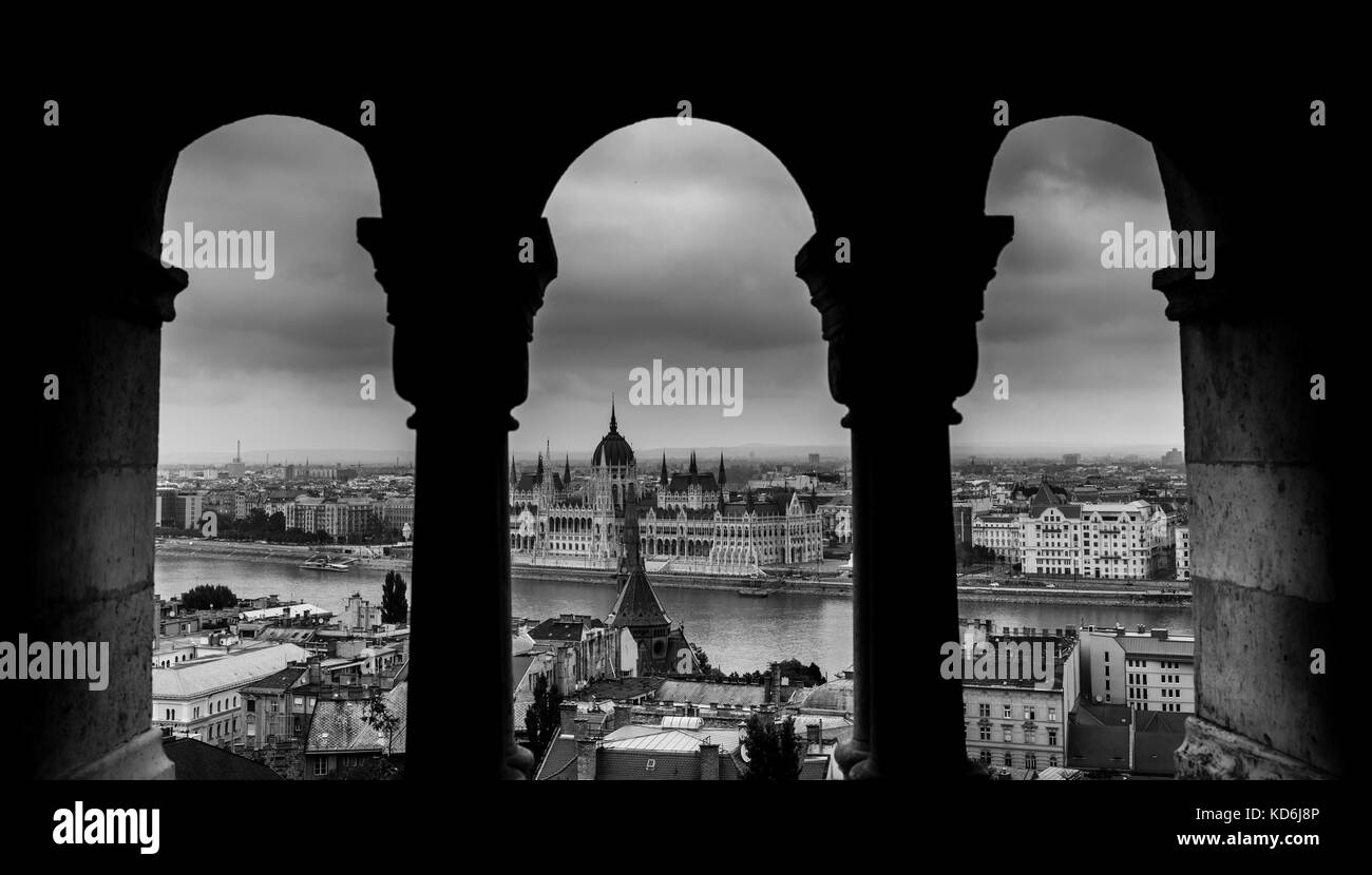 Budapest Chain Bridge and Hungarian Parliament in Budapest, Hungary Stock Photo