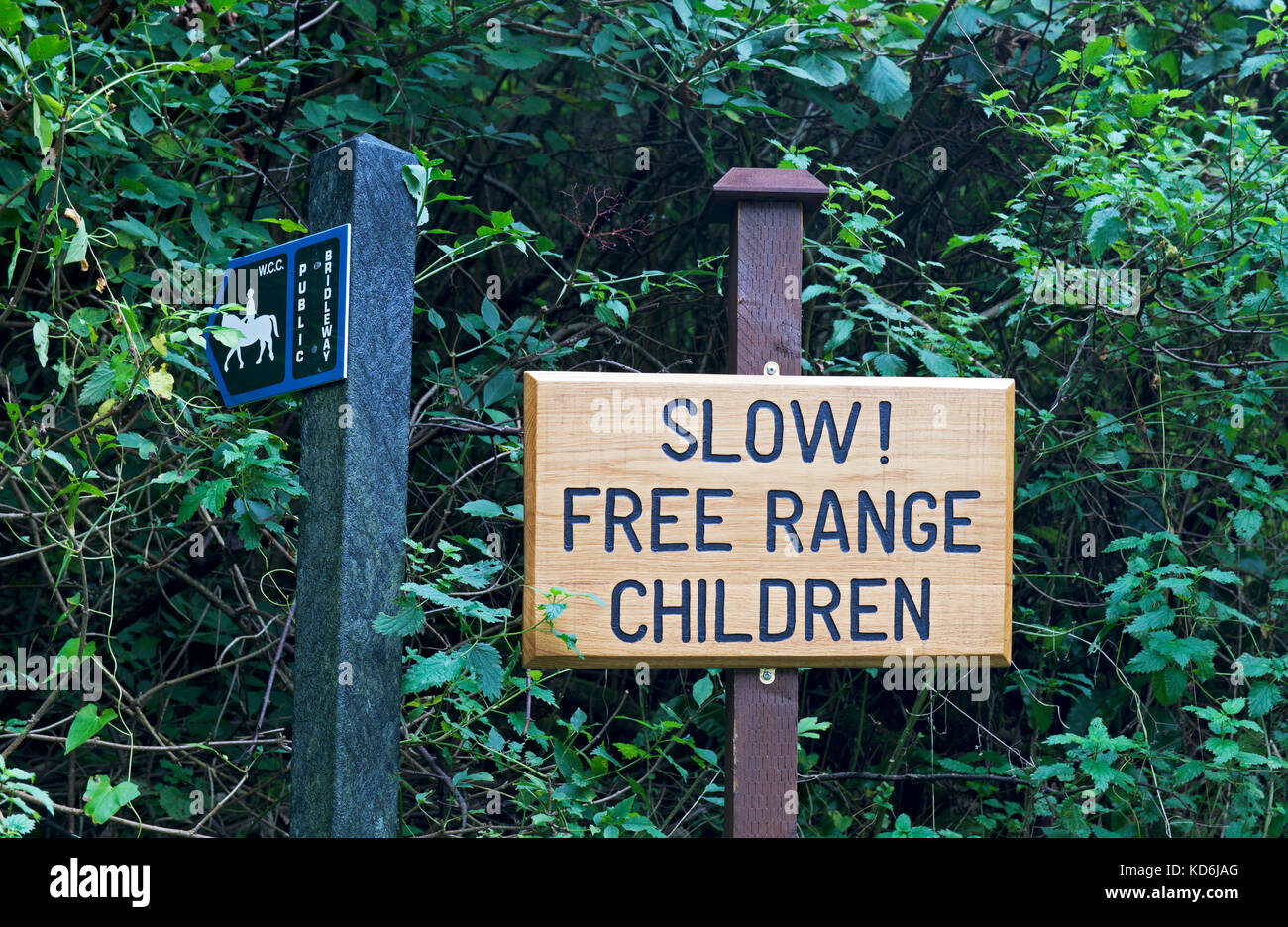 Sign - Slow! Free range Children - in England, UK Stock Photo
