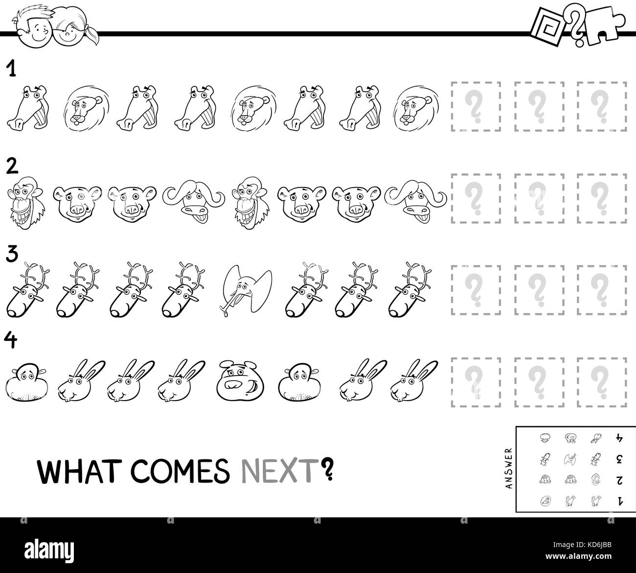 Black and White Cartoon Illustration of Completing the Pattern Educational Activity Game for Preschool Children with Animal Characters Coloring Book Stock Vector