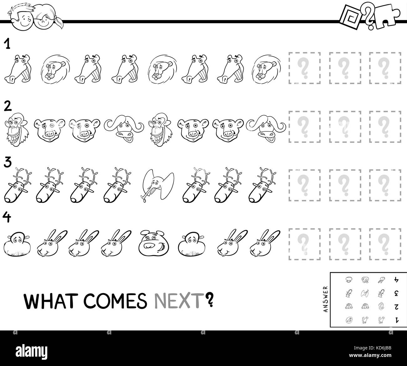 Black and White Cartoon Illustration of Completing the Pattern ...