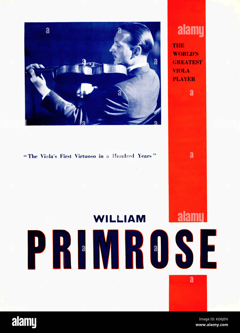 William Primrose concert programme.  Caption reads "The Viola's First Virtuoso in a Hundred Years"/ "The World's Greatest Viola Player".  Scottish viola virtuoso, 1903-1982.