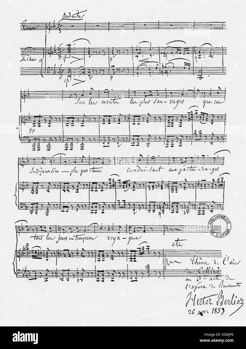 Hector Berlioz signed score of the theme from his opera Benvenuto Cellini', Act III.  26th November, 1859. French composer, 1803-1869. Stock Photo