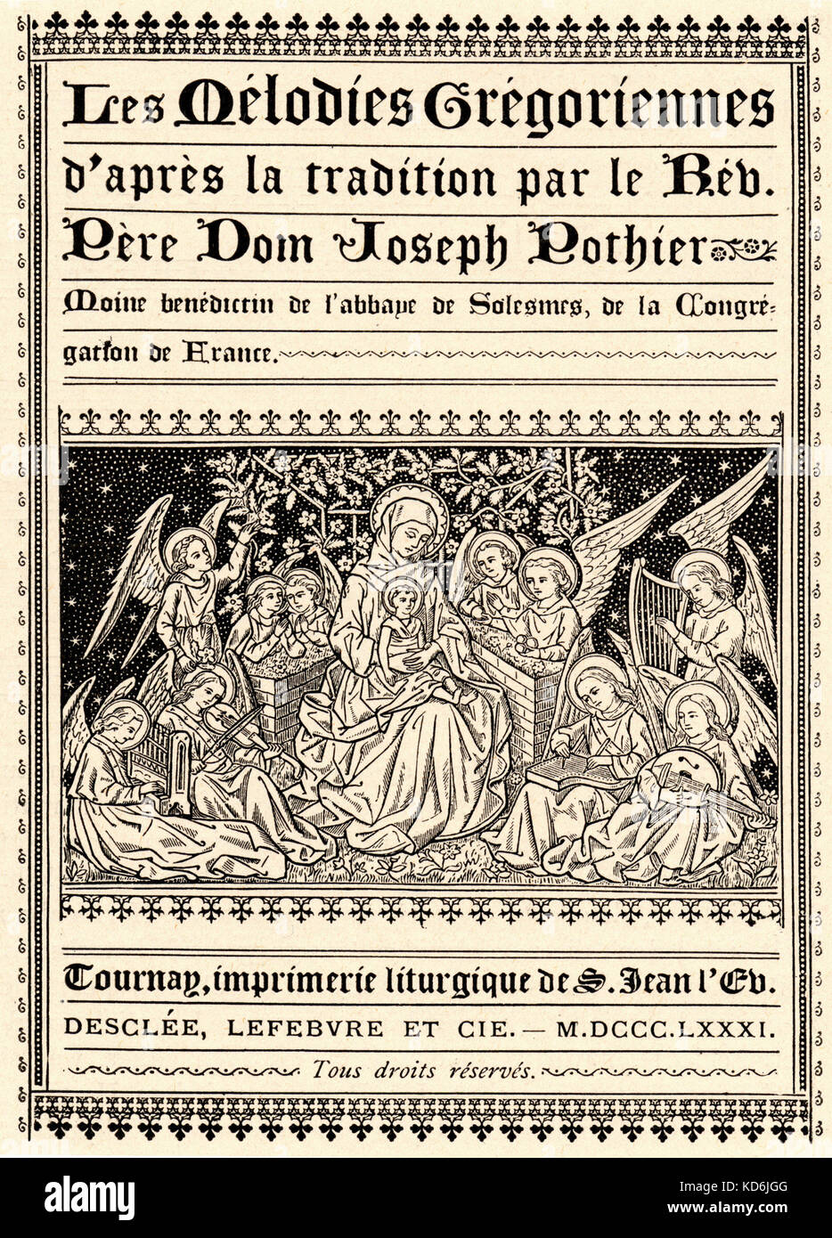 Title page of book of Gregorian melodies - woodcut of angels playing harp, lute, portative organ, vielle, & psaltery. According to the tradition of the Reverand Father Dom Joseph Pothier, Benedictine monk from the Abbey of Solesmes, of the congregation of France.  1881. Medieval plainsong. Stock Photo